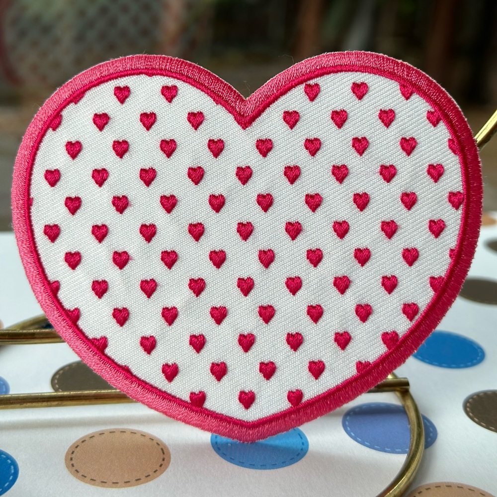 Pink Heart shaped Embroidered patch with tiny hearts dotted filling the heart 3D